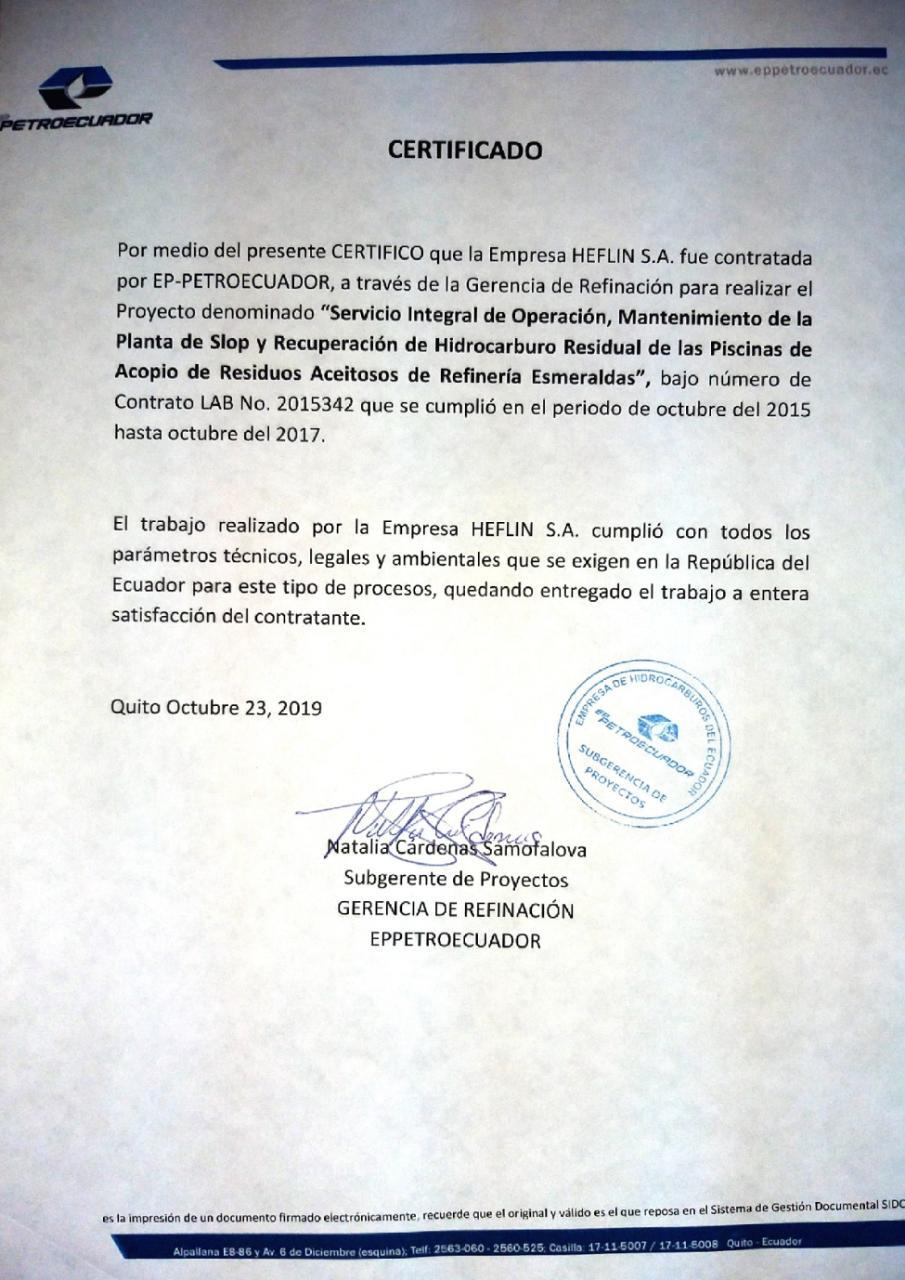 CERTIFICADOS GERENCIA DE REFINACIÓN HEFLIN S A