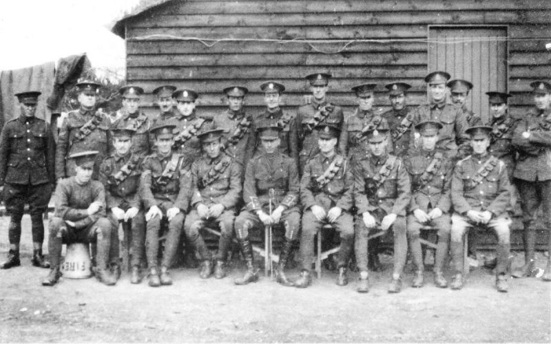 Private Frank Vans Agnew (one from the left in the front row), Lieutenant Grosvenor (centre of the front row) and men of 'C' Troop, 2nd King Edward's Horse at Woodbridge in 1914 (Photograph courtesy of Jamie Vans, great nephew of Second Lieutenant Frank Vans Agnew).