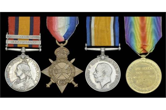 EDWARDS, Harry. 779. Corporal. Queen’s South Africa 1899-1902, 2 clasps, Cape Colony, South Africa 1902 (7618 Private., Loyal North Lancashire Regiment.), 1914/15 Star Trio KEH