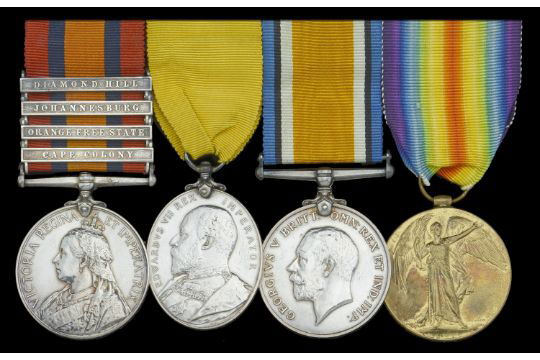 HOPKINS, Frank Mitchell. 230. Private. King's Colonials. Medals - Queen’s South Africa 1899-1902, 4 clasps, Cape Colony, Orange Free State, Johannesburg, Diamond Hill (279 Pte. F. M. Hopkins, C.I.V.); Imperial Yeomanry L.S. & G.C., E.VII.R. (230 Pte. F. Hopkins. The King’s Colonials I.Y.); British War and Victory Medals (64875. 1.A.M. F. M. Hopkins. R.A.F.). sold at auction by Dix Noonan Webb, UK in Aug 2020.