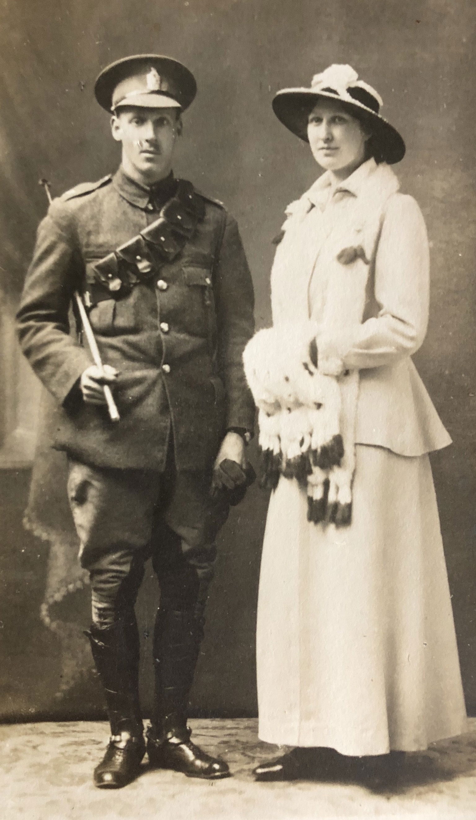 A Trooper of King Edward’s Horse in Service Dress uniform with his partner circa 1914 with 1903-pattern, Mounted Infantry leather 50 round .303 bandolier and King Edward’s Horse Regimental headdress badge.