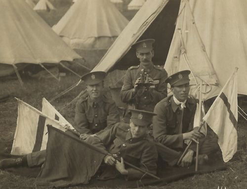 A staged photograph of signal training of Sergeant Sid Bromfield and several Other Ranks of King Edward’s Horse in Service Dress circa 1912-13. Sergeant Bromfield also appears in the previous photograph in which he is wearing his signalers' proficiency badge above his rank chevrons and an additional photograph and his details are shown in the Nominal Roll section of this website.