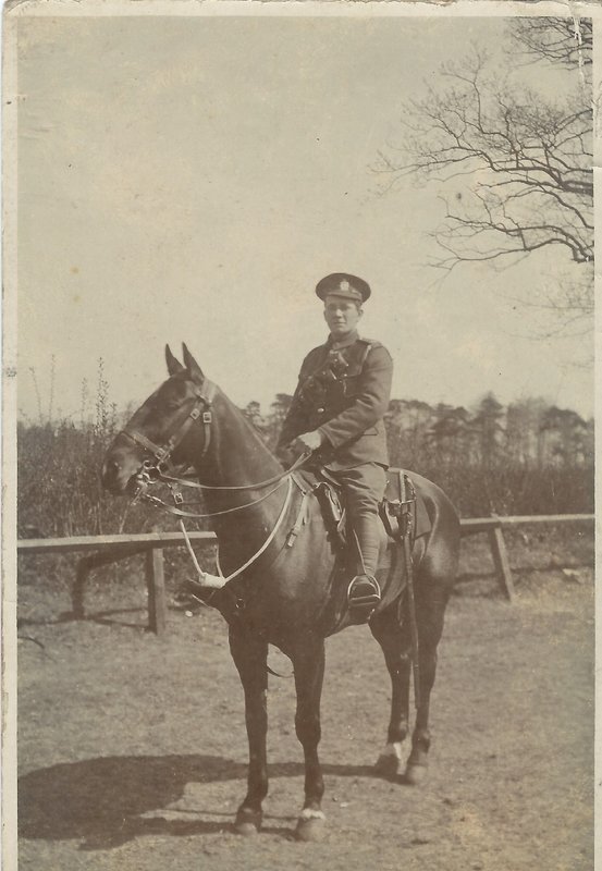 Private Reginald G. Wallis, 573 of 'A' Squadron, King Edward’s Horse shown on his mount somewhere in France circa 1915-1919. On the back of the postcard Private Wallis has written that he is a patient at Curragh Barracks where the Reserve Squadron was stationed. He is equipped with the British 1899 Pattern Cavalry Trooper’s Sword.