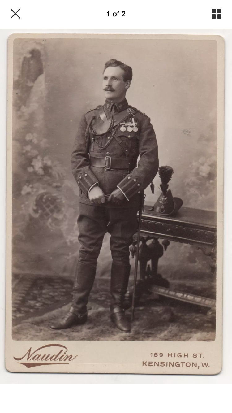 Lieutenant George Hamilton of the 4th County of London (King’s Colonial’s) Imperial Yeomanry in Full Dress uniform circa 1903-05 (Image from an electronic auction site). Note the pouch belt and three badges to his first pattern felt hat. He is wearing three medals which appear to be the Queen’s South Africa with three bars, a King’s South Africa with two bars and possible a General Service Medal with one bar.