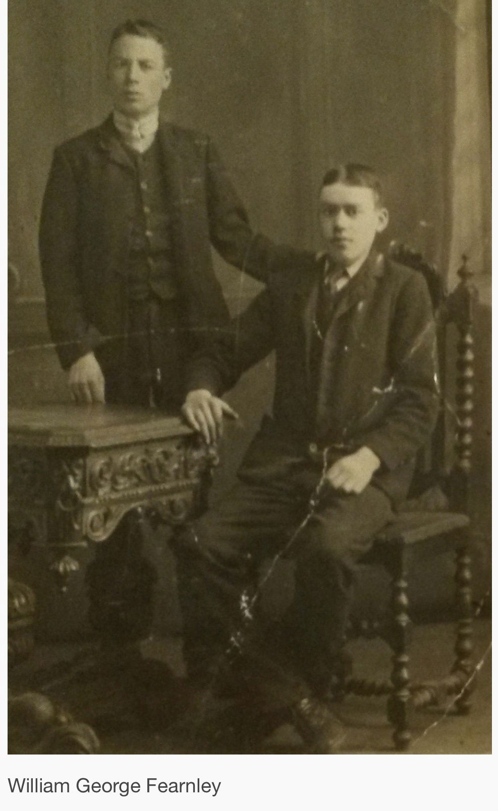 FEARNLEY, Ernest Walter. 1504. Private. KIA 31/07/1917 and his brother Private William George Fearnley, 1503. Civilian photograph of both brothers shown courtesy of https://archives.passchendaele.be/en/soldier/4619.