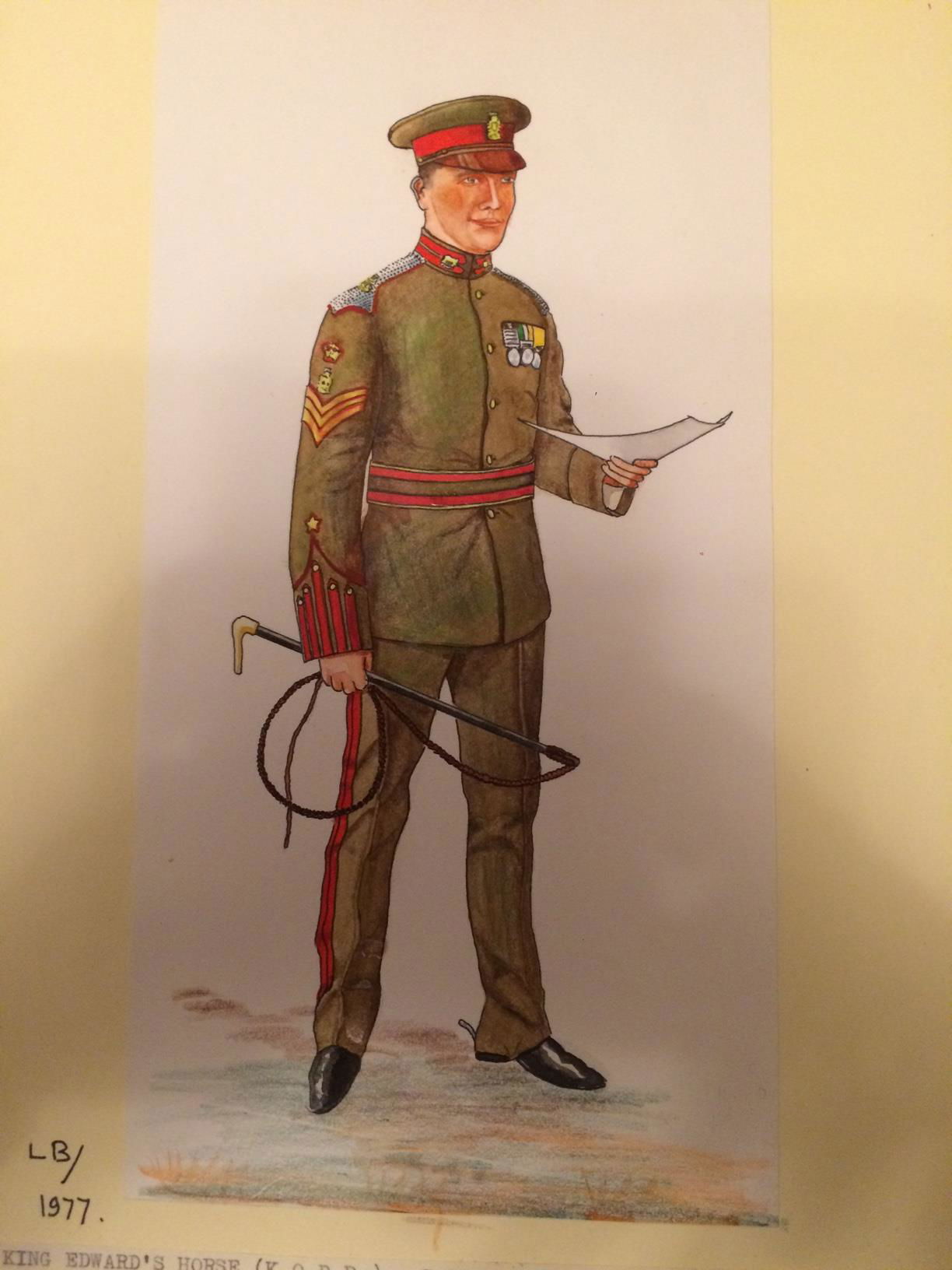 Painting of Squadron Sergeant Major Harry Campbell Calvert, King Edward’s Horse in Undress uniform with a forage cap with a tan leather peak circa 1912. Note that teh artist has added his lancer pattern girdle (waist belt).