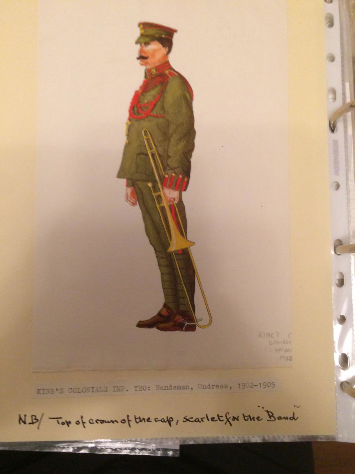Painting of a Bandsman of the 4th County of London (King’s Colonials) Imperial Yeomanry in Undress uniform circa 1902-05, note the scarlet top on the crown of the cap (R. J. Smith collection).