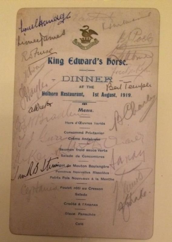 A menu card from the first reunion dinner of the King Edward’s Horse held on the 1st August 1919 at the Holborn Restaurant in London (Darren O'Brien collection).