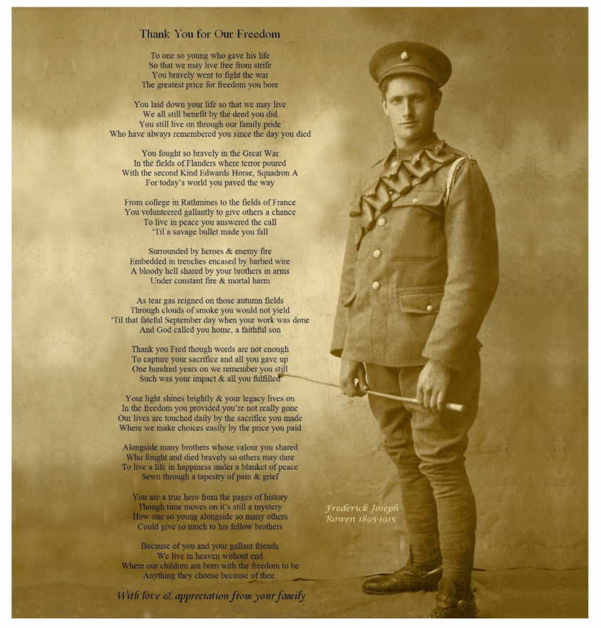 ROWEN, Freddie Joseph. 1488. KIA 25/09/1915 with poem written by Yvette Ryan (nee Churchill), Fred's great grand niece.