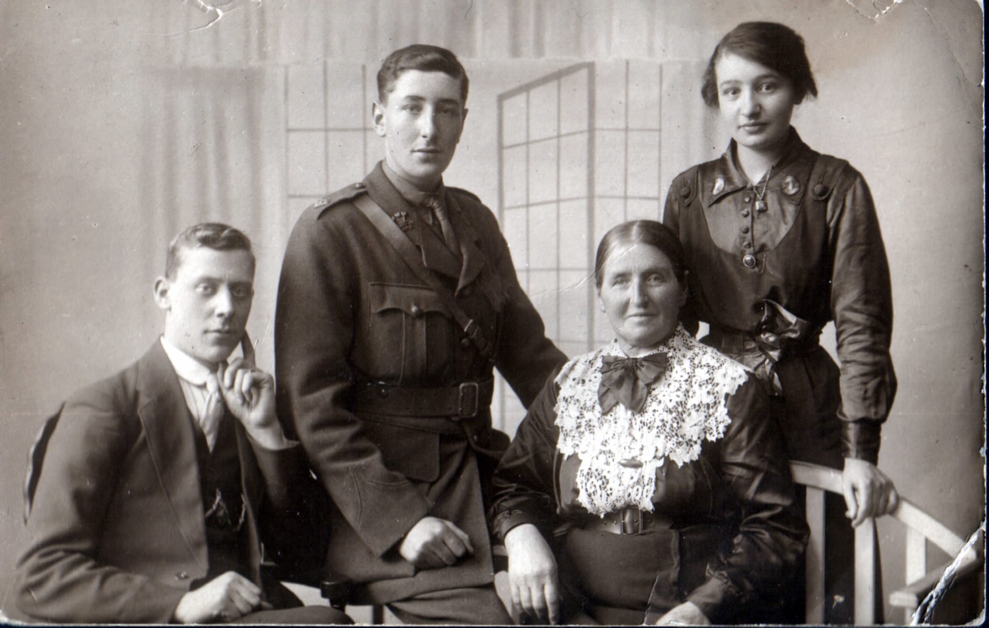 Photograph shown with his family, his mother Eleanor with her son Charles (in Leinster Regiment uniform), daughter Helen (Dolly) & son-in-law Sidney (courtesy Ancestry).