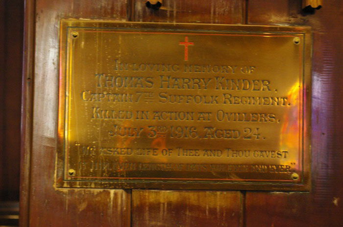 KINDER, Thomas Harry KEH later Captain Suffolk Regiment KIA. Memorial Plaque.