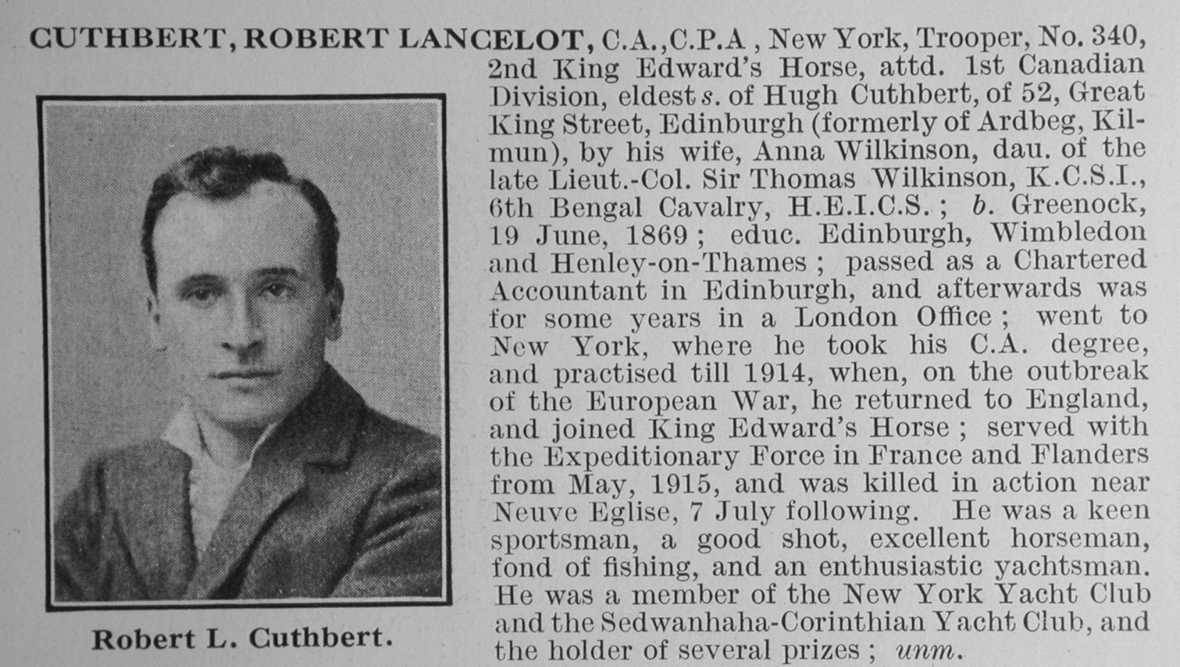 CUTHBERT, Robert Lancelot. 340. Private. Courtesy De Ruvigny's Roll of Honour.