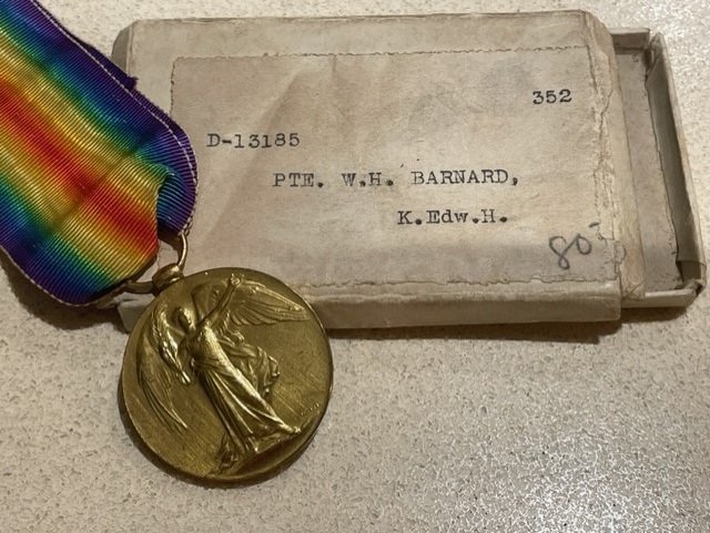 BARNARD, William H. D/13185 KEH. Victory medal in box of issue from authors collection and courtesy of Ed Parsons, Gradia Militaria.
