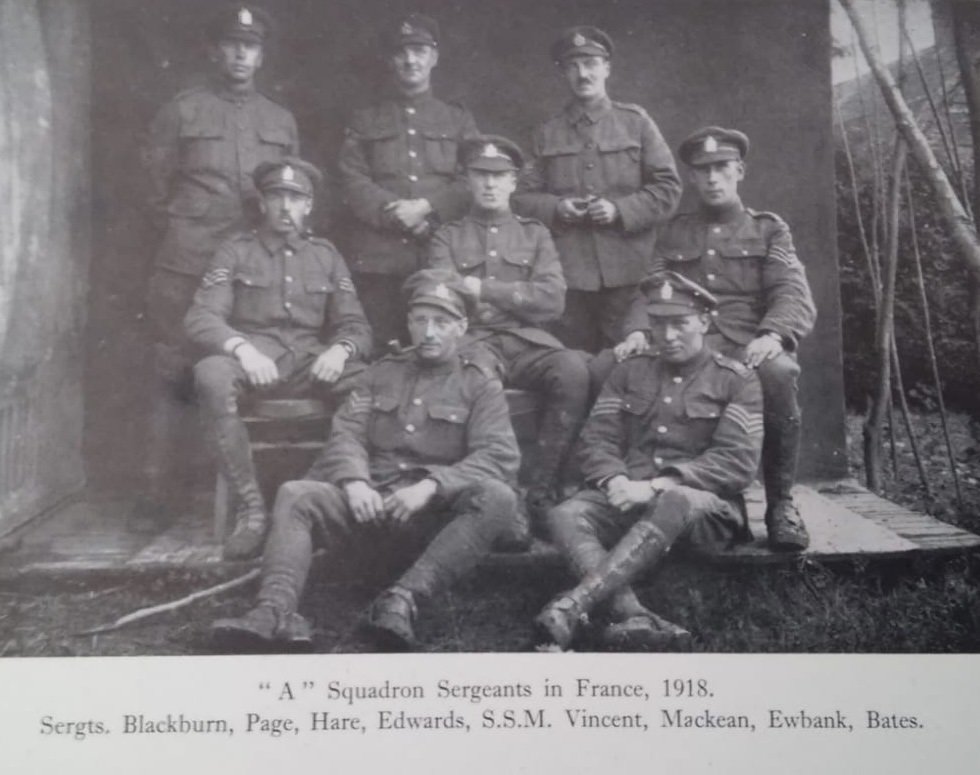 BLACKBURN, Edward H. 723. Private, Serjeant. 3rd Troop, 'A' Squadron KEH standing at the left. Photograph from Old Comrades Association bulletin.