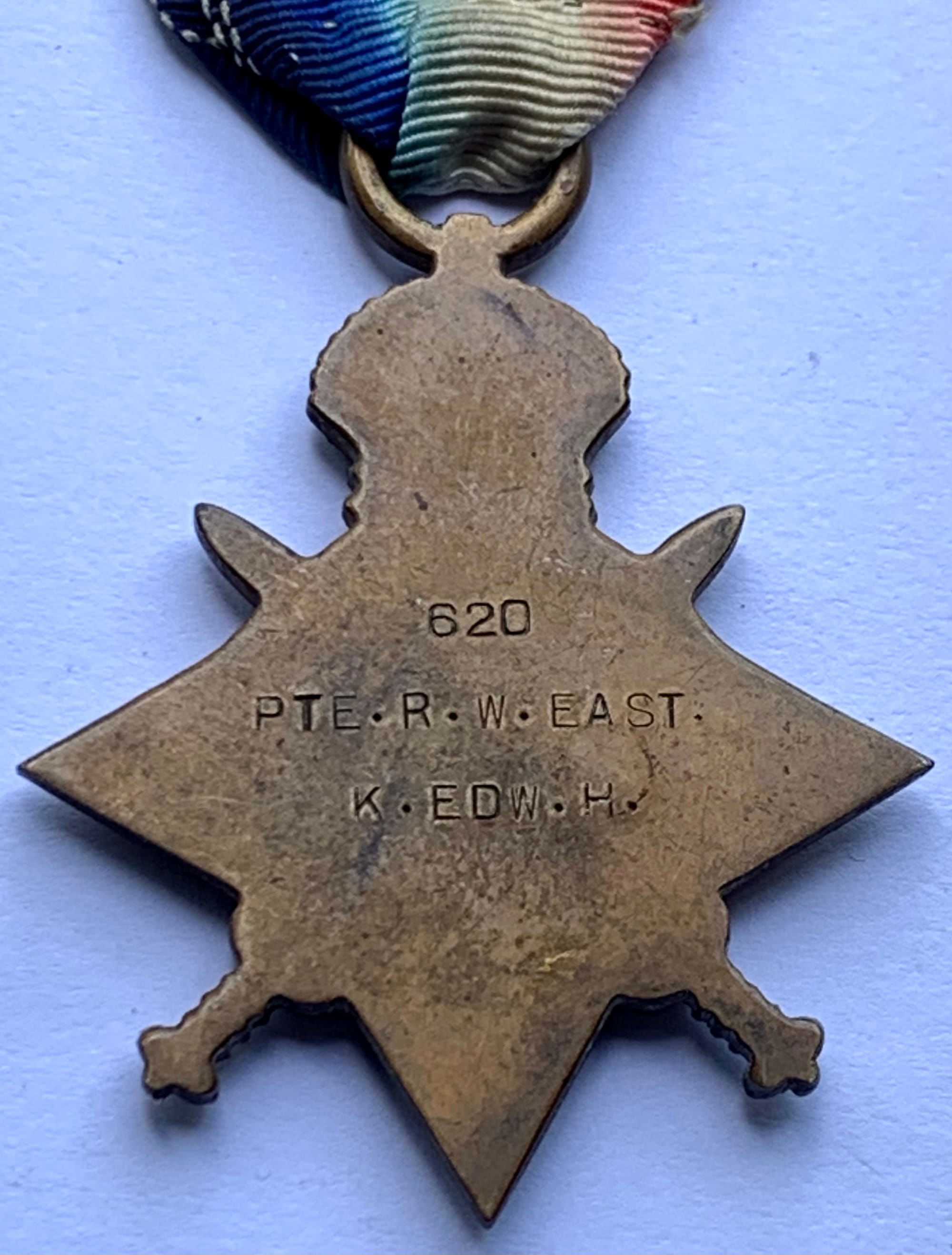 EAST, Reginald Walter. Private. 620. 'A' Squadron KEH. Reverse of 1914/15 Star from authors collection.