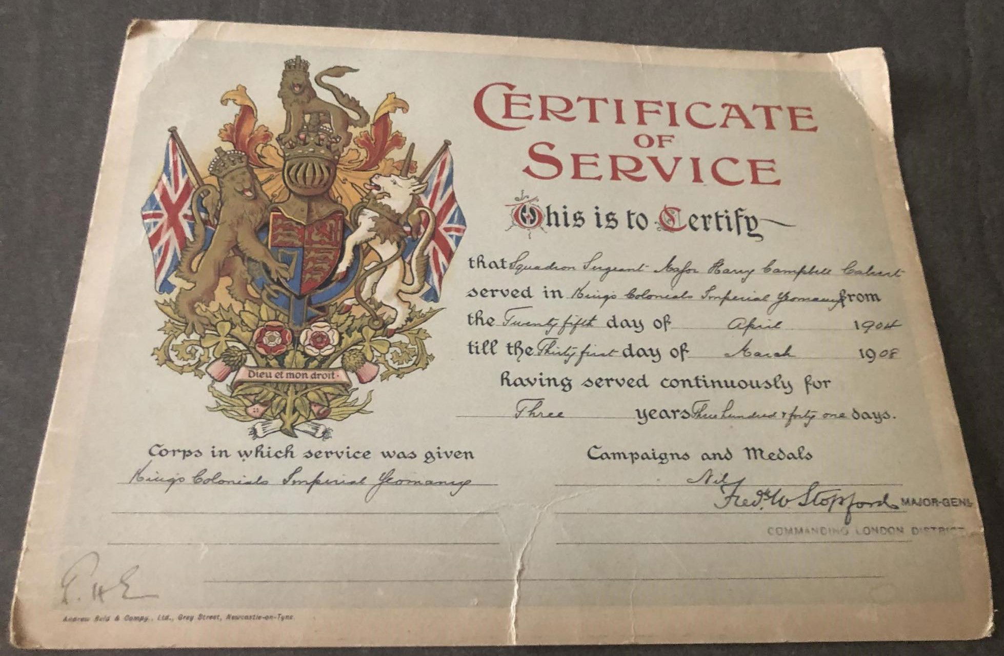 CALVERT, Harry Campbell. Squadron Serjeant Major KC/KEH circa 1910-13. Certificate of Service with the King's Colonials.
