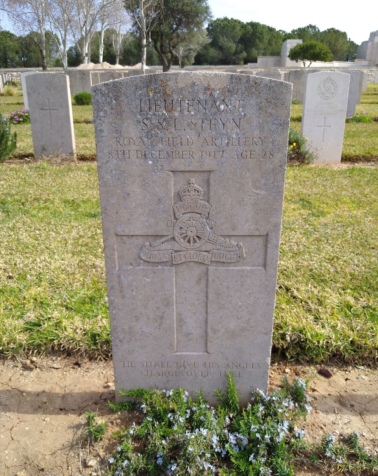 STEYN, Stephanus (Stephen) Sebastian Lombard (The "Beak"). Private 185 KEH then Lieutenant RFA KIA 1917.  Photograph of his gravestone in Israel.