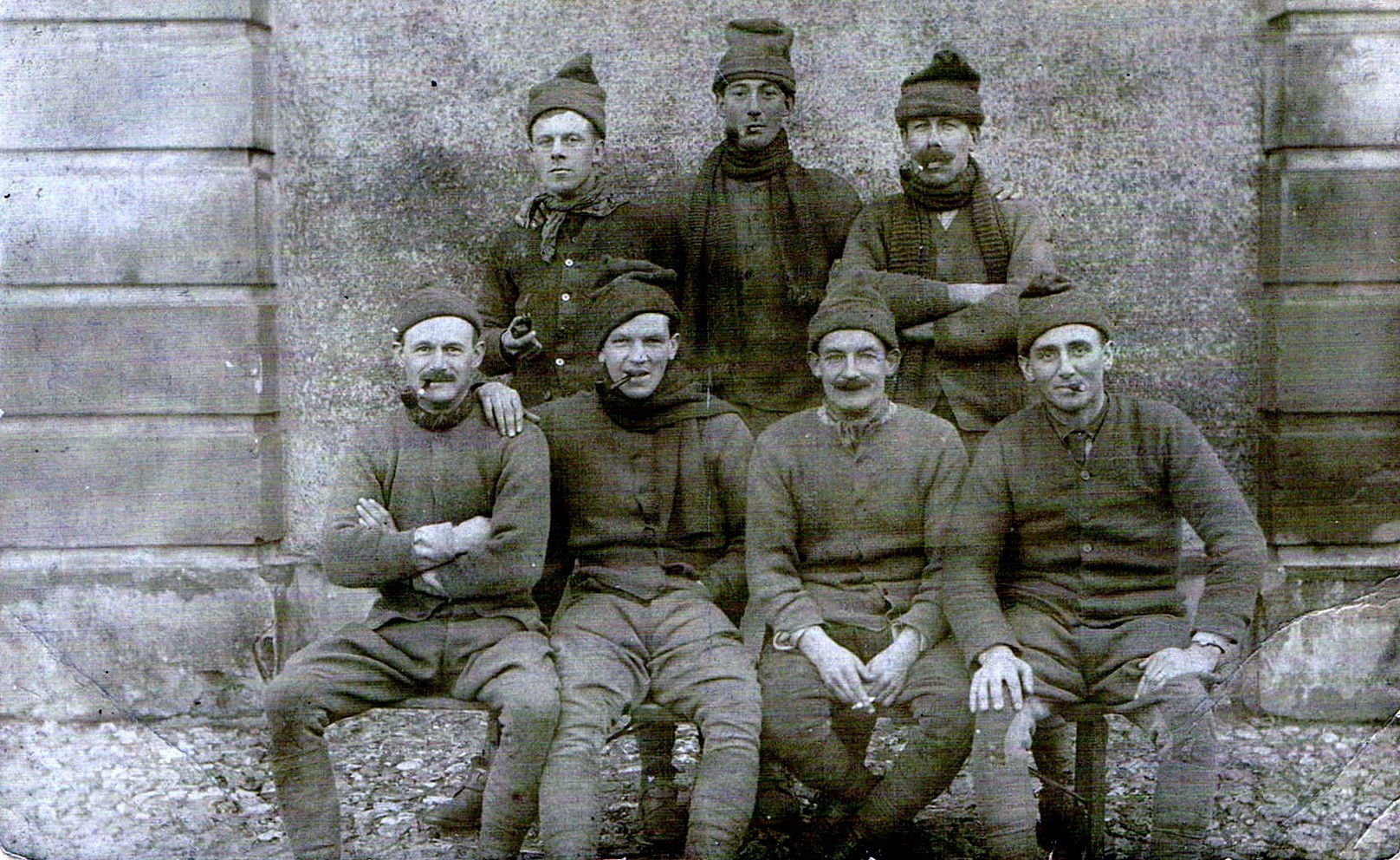 BROADHEAD, William Smithson. 705. Private KEH later Second Lieutenant, Reserve Regiment of Cavalry. Quite a remarkable postcard of Private Broadhead, second from the right in the front row, all dressed in fatigues and named members of 2nd Troop, C Squadron KEH taken at Watford in 1914, courtesy of his relative Stuart Shaw.