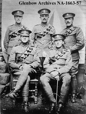 HARLEY, Tom A. Lance Corporal, 1521, KEH. Right hand end of the back row. Ex Royal North-West Mounted Police serving in 1st King Edward's Horse (The King's Oversea Dominions Regiment), at Longford, Ireland in 1916. L-R back row: W.K. McKay, (1914-1916); W.M. Short, (1905-1908); T.A. Harley, (1899). L-R front row: C.C. Kernahan, (1907-1911); A.C.C. Dare, (1911-1916). (CU184577). Courtesy of Glenbow Library and Archives Collection, Libraries and Cultural Resources Digital Collections, University of Calgary.