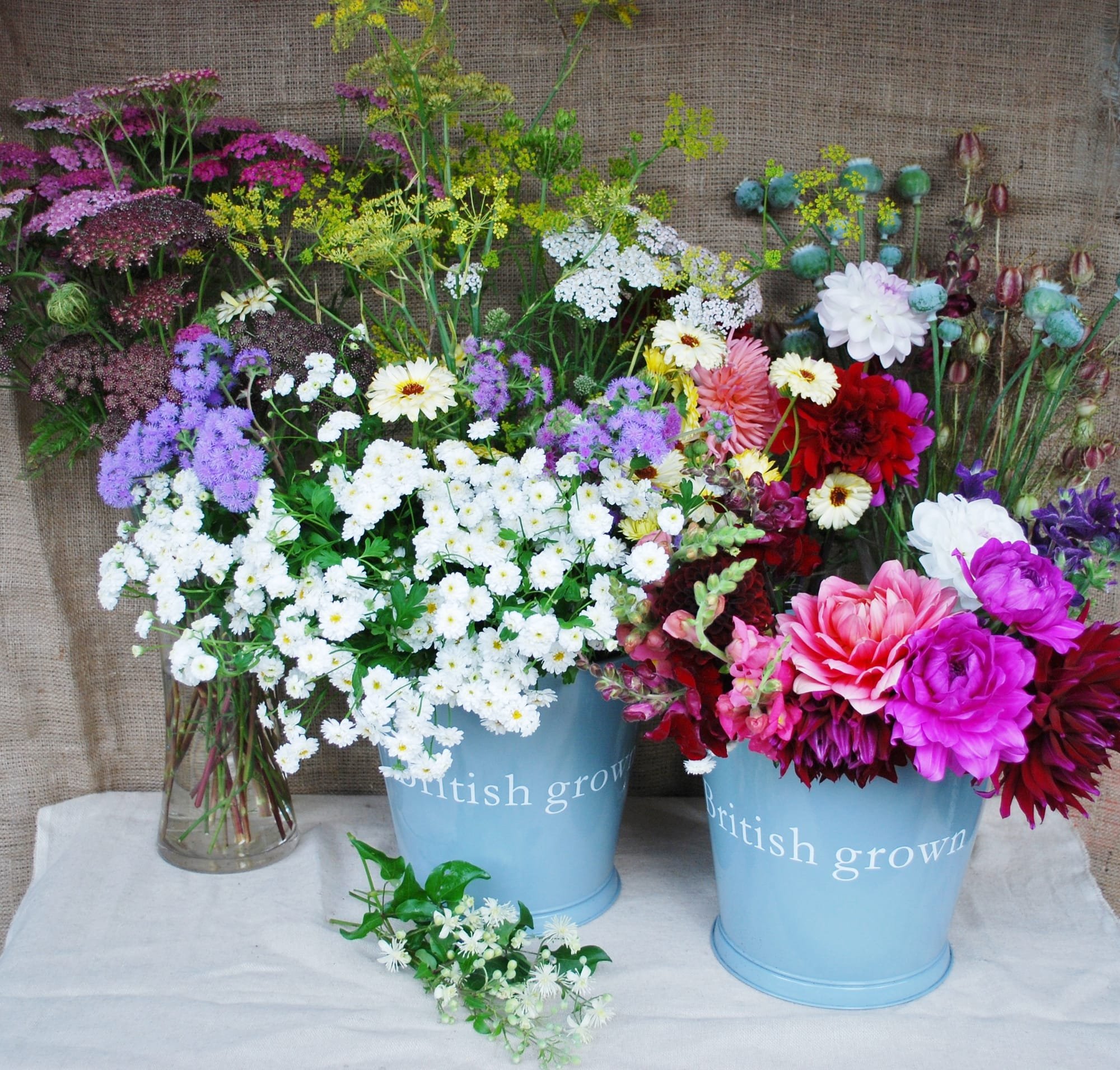 Buckets of British summer blooms.