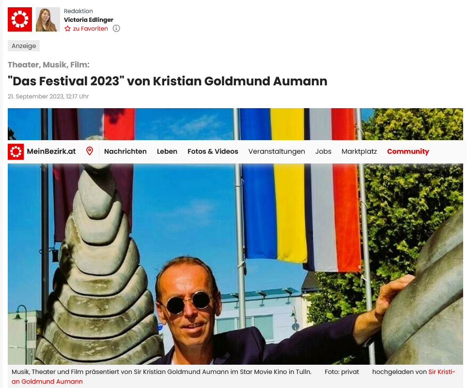 Bezirksblätter / Das Festival 2023 im Kino Tulln / Interview mit Sir Kristian Goldmund Aumann