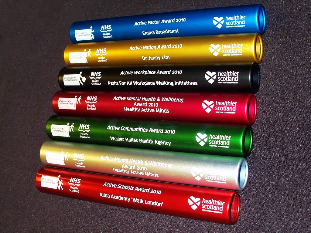 The various colours of relay batons