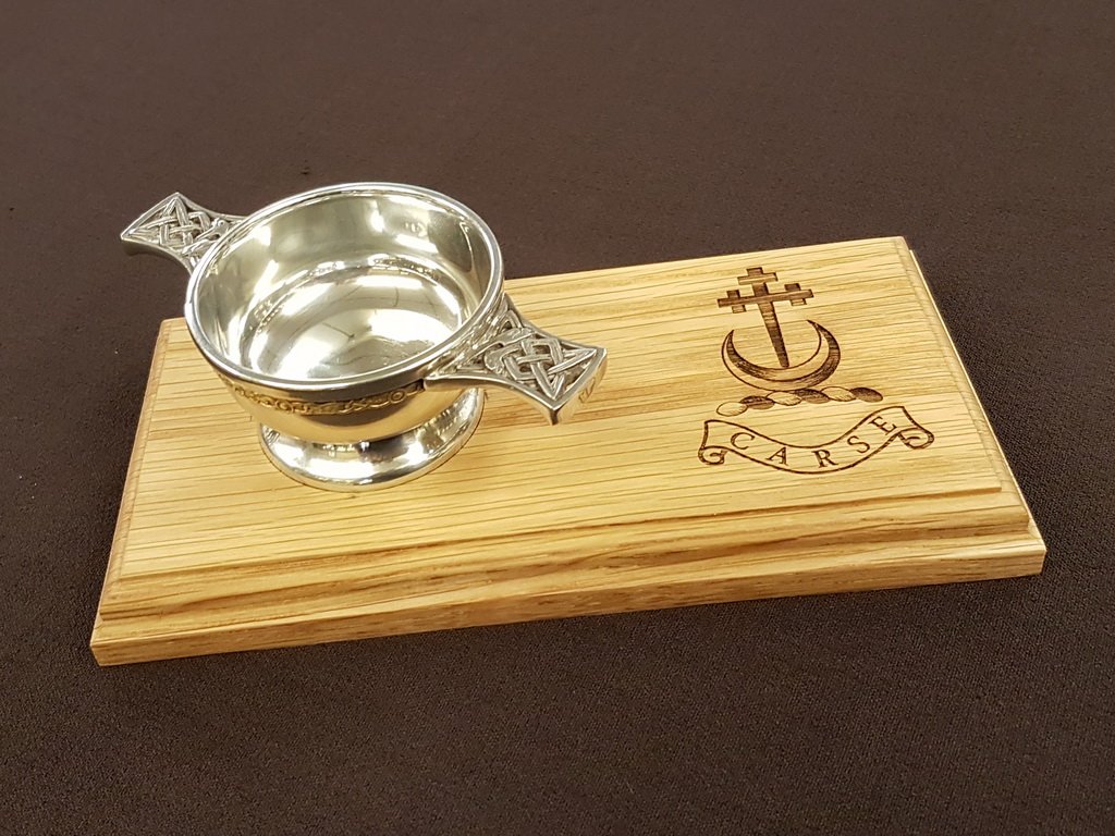 Wood Quaich  Stand with Family Clan Crest