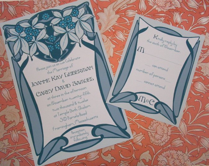 Art Nouveau Teal Gray Wedding Invitation & Reply Card