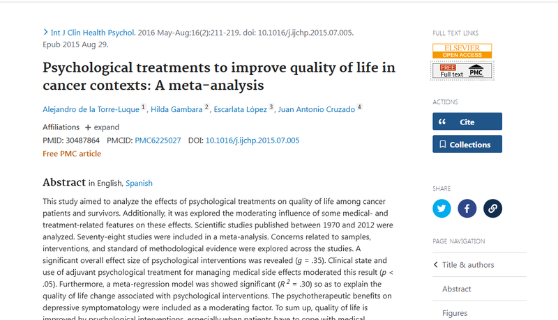 (optional) "Psychological treatments to improve quality of life in cancer contexts: A meta-analysis". International Journal of Clinical and Health Psychology, 2016, 16: 211-219.