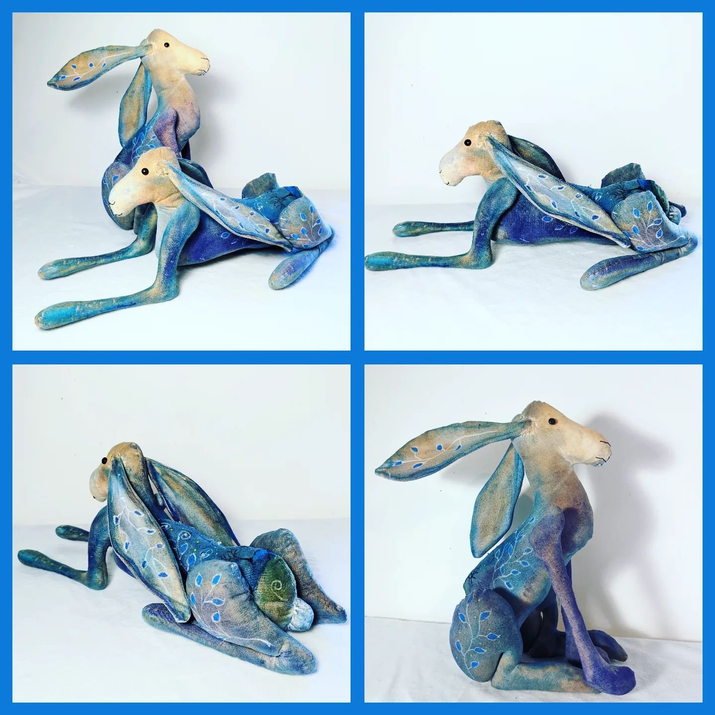 Different views of textile hare sculptures