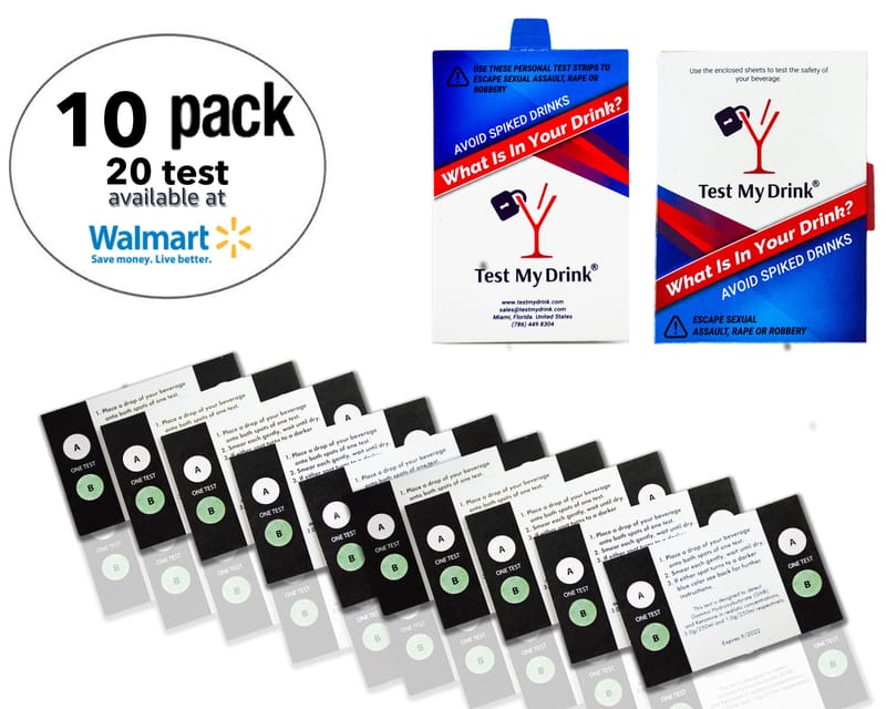 WALMART @ TEST MY DRINK, 10 Strips - 20 Tests, Test Your Drink or Beverage, Escape Drink Spiking, Detect GHB or Ketamine Using The Personal Test Strips,