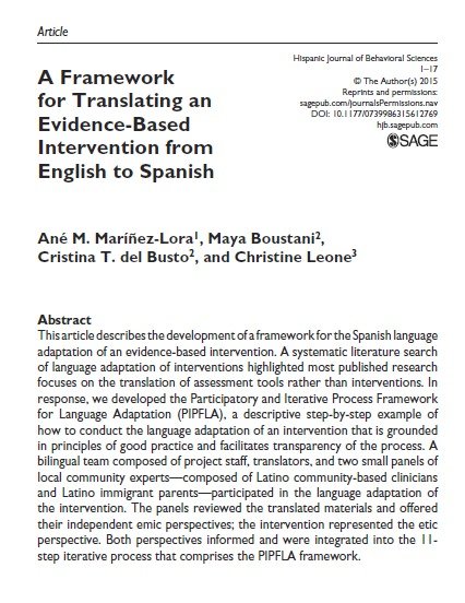 A Framework for Translating an Evidence-Based Intervention from English to Spanish
