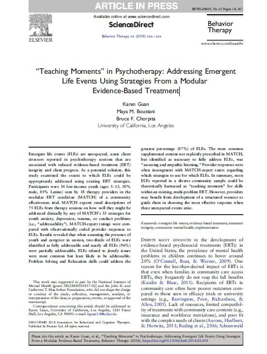 “Teaching Moments” in Psychotherapy: Addressing Emergent Life Events Using Strategies From a Modular Evidence-Based Treatment