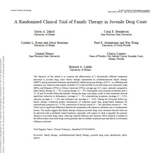 A randomized clinical trial of family therapy in juvenile drug court