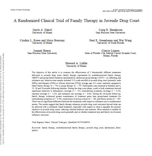 A randomized clinical trial of family therapy in juvenile drug court