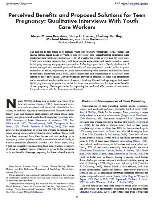 Perceived benefits and proposed solutions for teen pregnancy: Qualitative interviews with youth care workers.