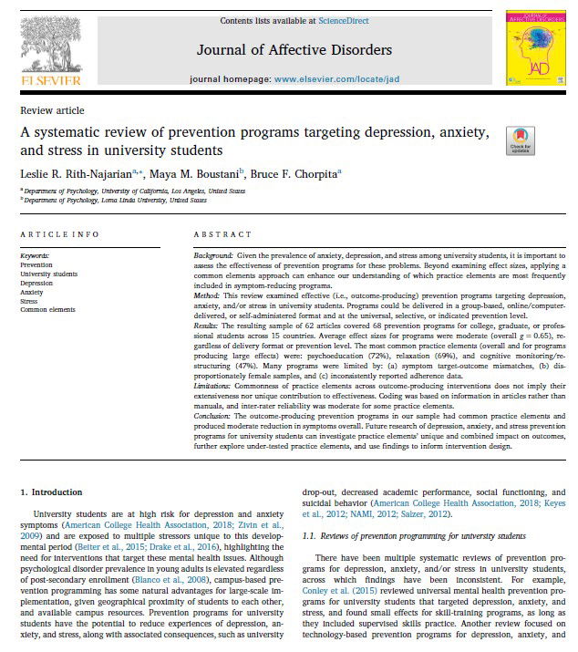 A systematic review of prevention programs targeting depression, anxiety, and stress in university students