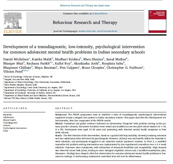 Development of a transdiagnostic, low-intensity, psychological intervention for common adolescent mental health problems in Indian secondary schools