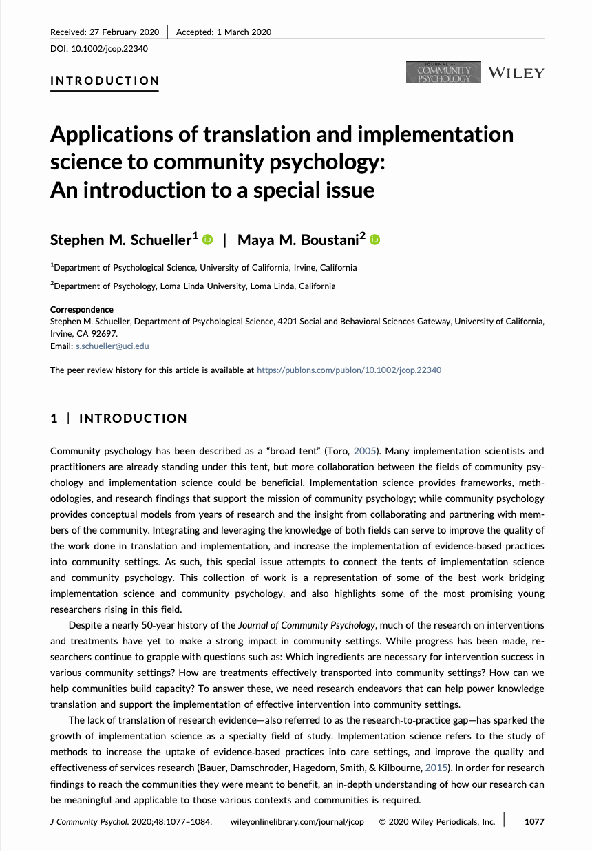Applications of translation and implementation science to community psychology: An introduction to a special issue