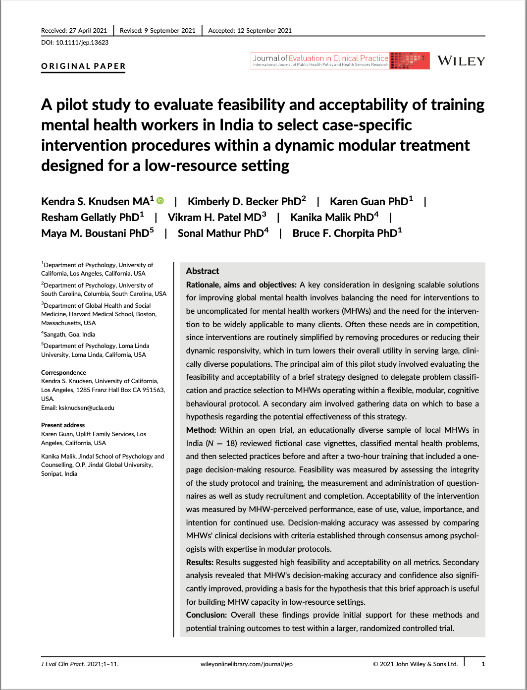 A pilot study to evaluate feasibility and acceptability of training mental health workers in India to select case-specific intervention procedures within a dynamic modular treatment designed for a low-resource setting