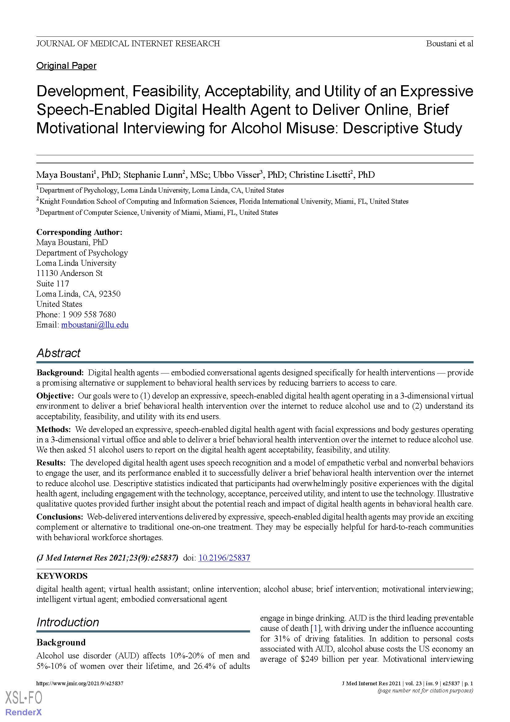 Development, feasibility, acceptability, and utility of an expressive speech-enabled digital health agent to deliver online, brief motivational interviewing for alcohol misuse: Descriptive study