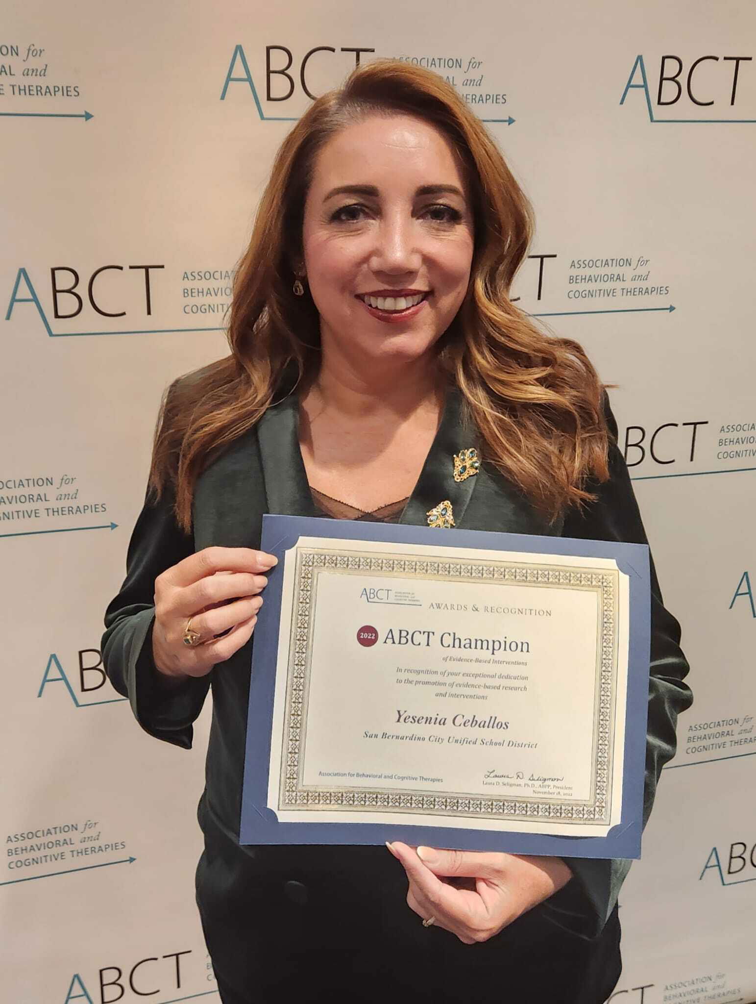 Ms. Ceballos community partner from Sierra High School receives Mental Health Champion at ABCT 2022