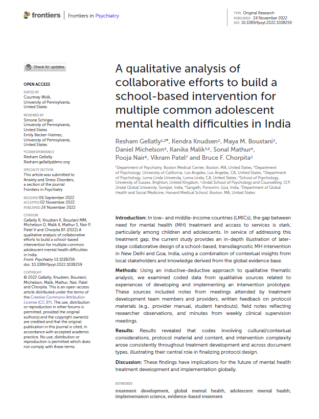 A Qualitative Analysis of Collaborative Efforts to Build a Multi-Problem, School-Based Intervention for Common Adolescent Mental Health Difficulties in India.