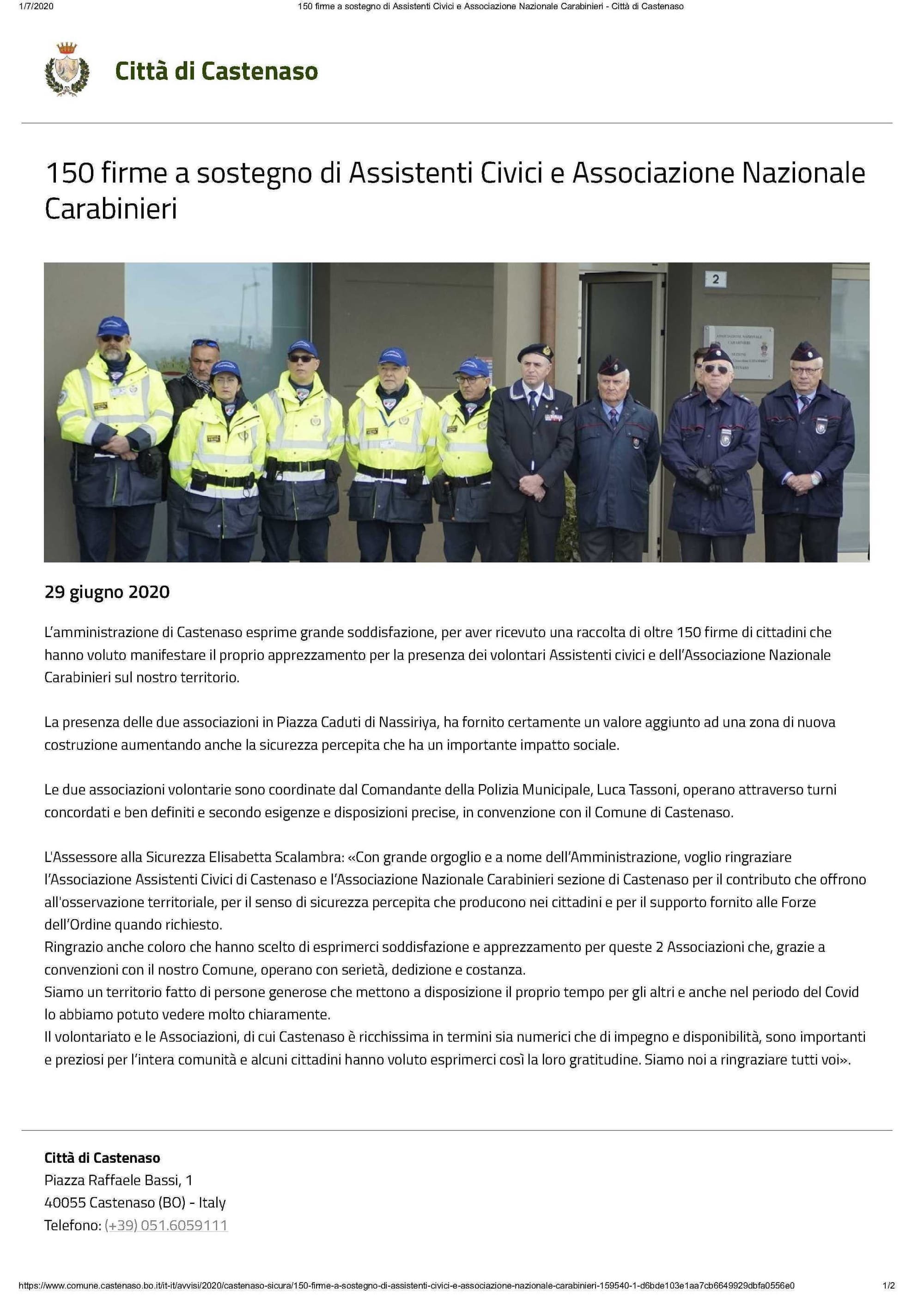 150 Firme a sostegno di Assistenti Civici e Associazione Nazionale Carabinieri