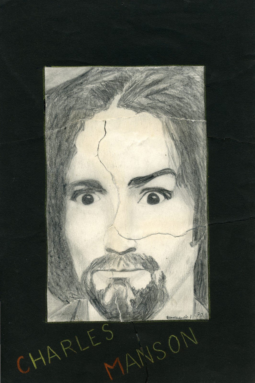 Charles Manson (d'après photo de presse) Ce dessin a été déchiré par ma mère qui estimait que je perdais mon temps à dessiner...