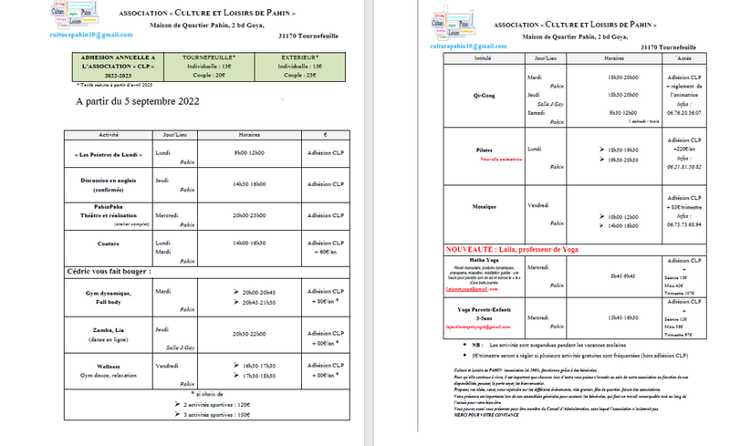 INFORMATIONS COURS HORAIRES TARIFS