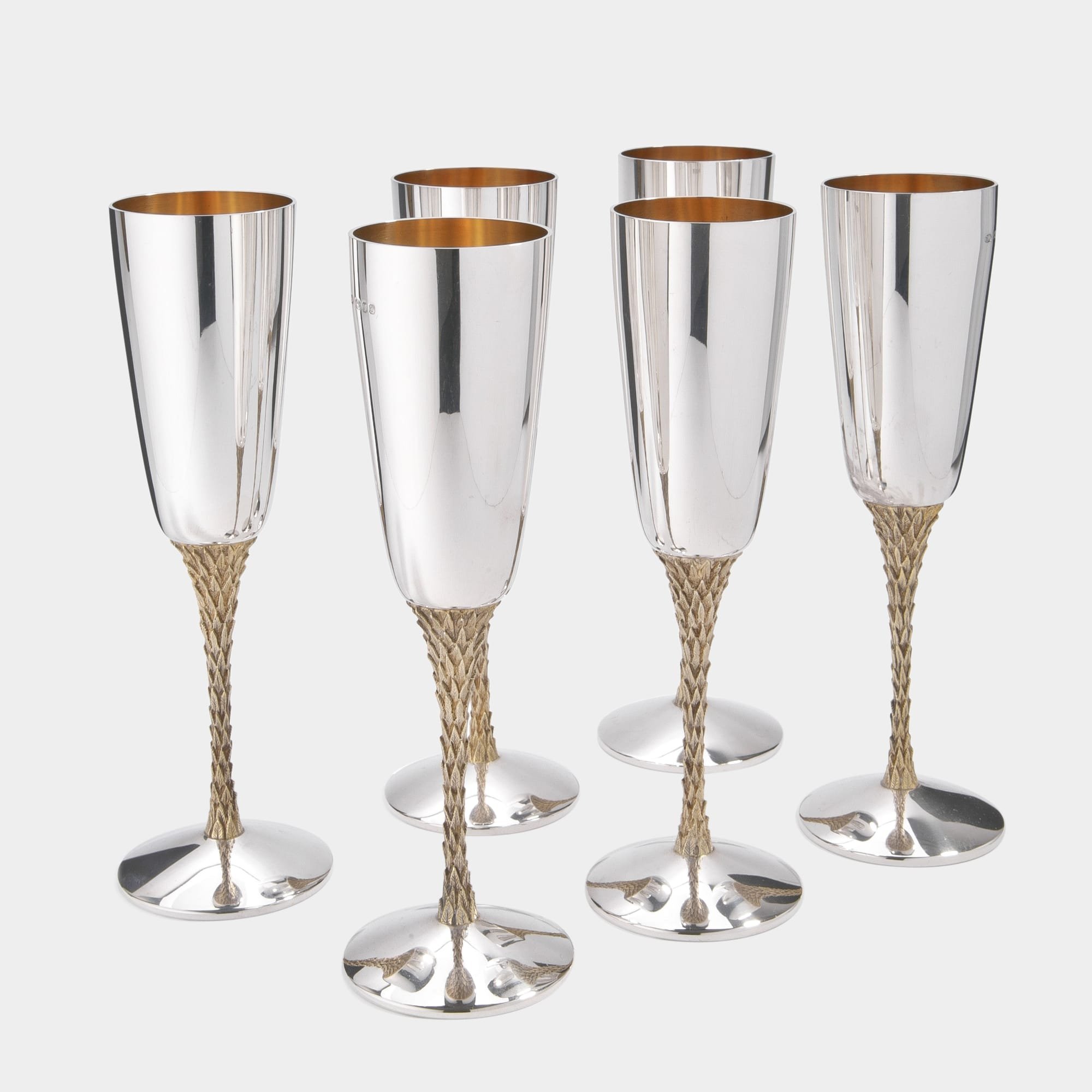 Set of six mid-century silver champagne flutes