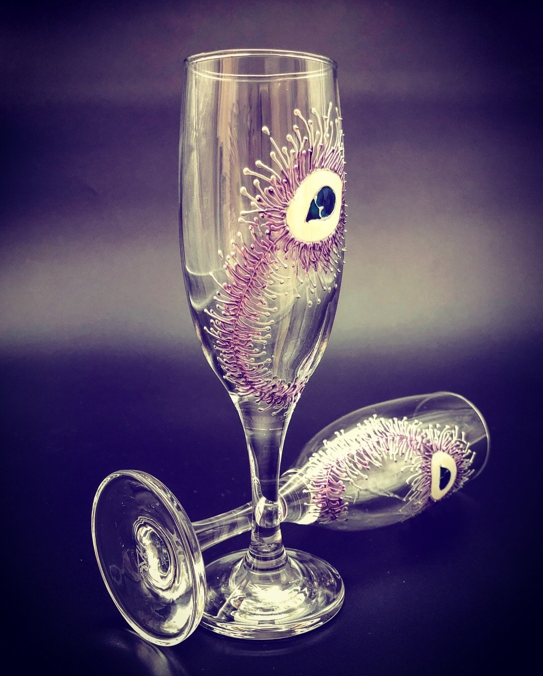 Purple Peacock Champagne Glasses