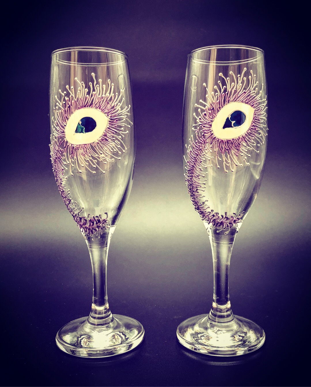Purple Peacock Champagne Glasses