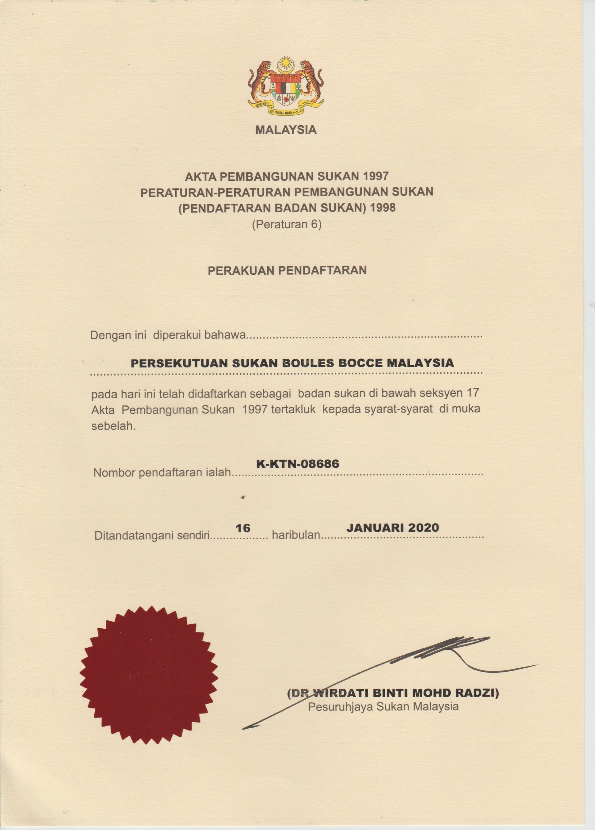 OFFICIAL CERTIFICATE REGISTRATION SPORTS COMMISIONER - MALAYSIAN 